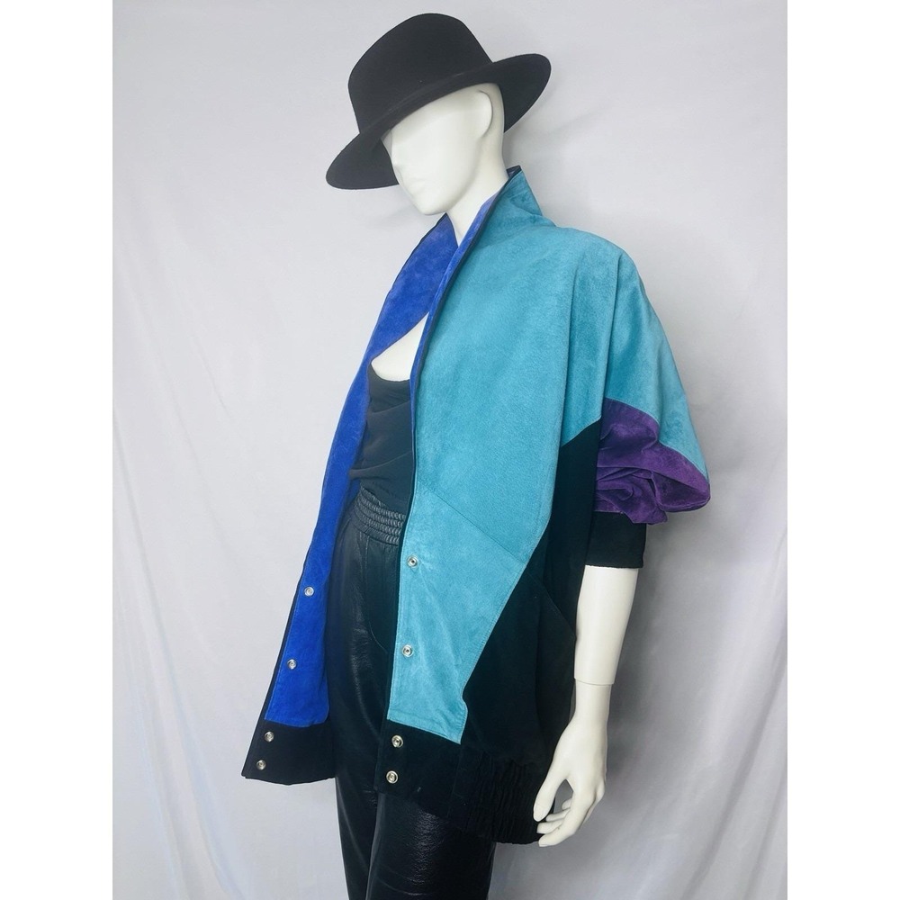 Rare Vintage Mary Hoffman Black, Teal, Purple Suede Color Block Suede Jacket M - Picture 4 of 11